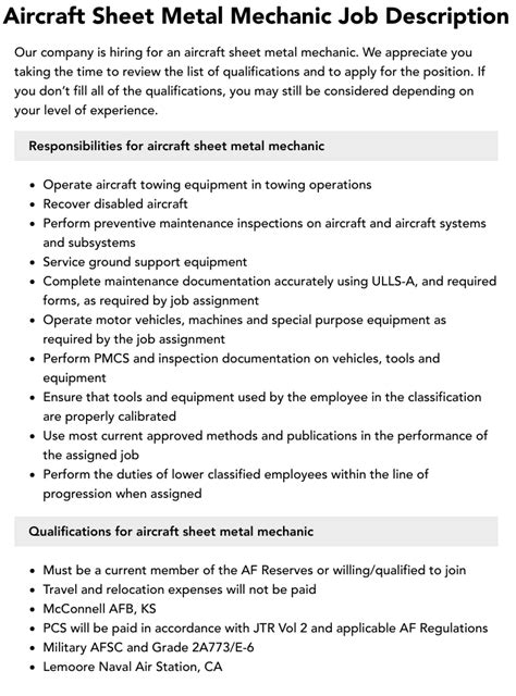 aircraft sheet metal mechanic jobs|aircraft sheet metal job description.